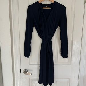 Uniqlo Long Sleeve Midi Dress Navy Button down with Sash XS